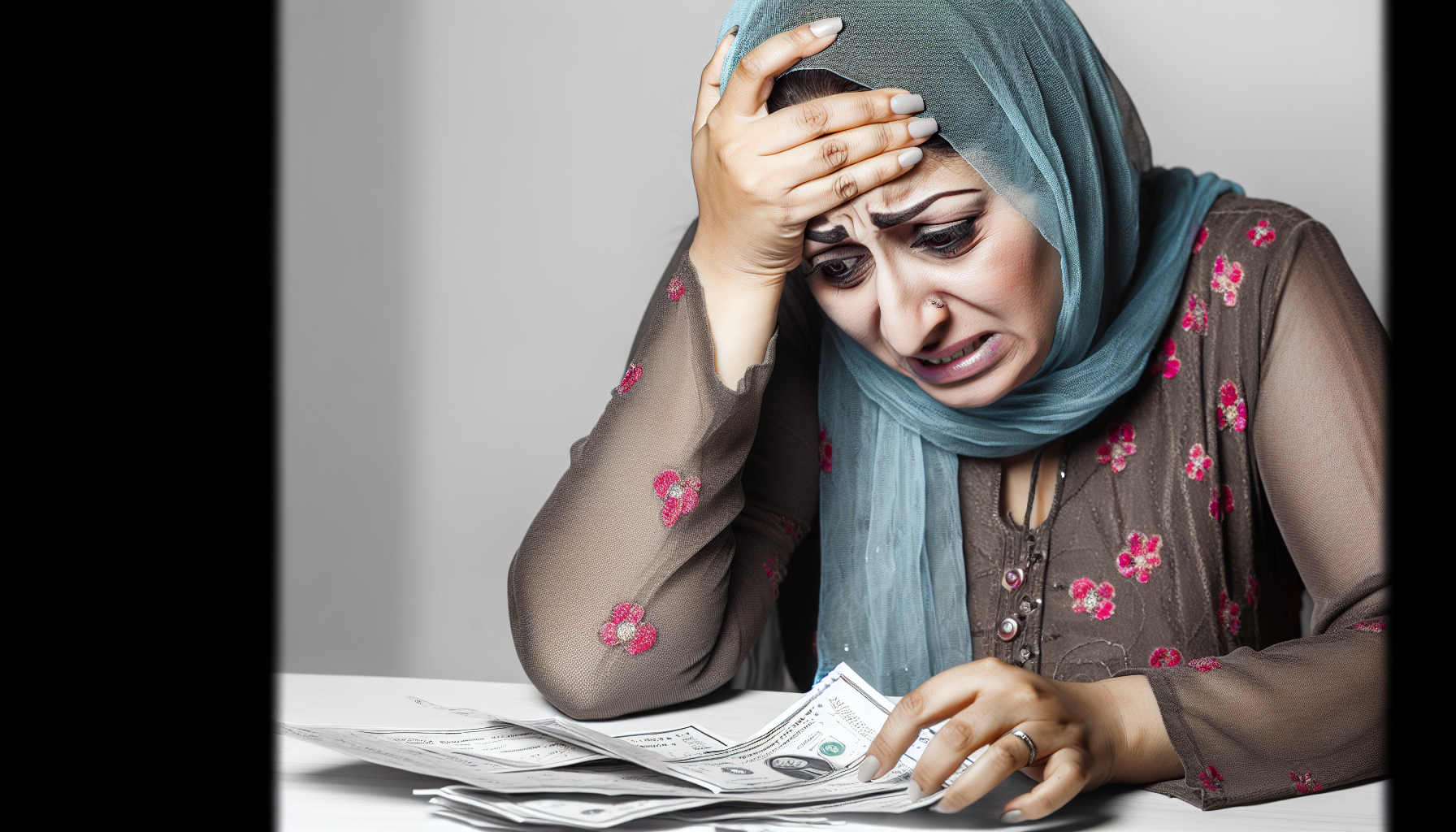 Ein Bild, das eine Mutter zeigt, die mit finanziellen Schwierigkeiten kÃ¤mpft. Sie kÃ¶nnte an einem Tisch sitzen, mit Rechnungen, die vor ihr ausgebreitet sind, und die Stirn runzeln, wÃ¤hrend sie versucht, Ã¼ber die Runden zu kommen. Trotz der schwierigen UmstÃ¤nde bleibt ihre Liebe und Hingabe fÃ¼r ihre Familie unerschÃ¼tterlich. Angst und WiderstandsfÃ¤higkeit spiegeln sich in ihren Augen wider. Diese Frau sollte mittlerer orientalischer Abstammung sein, um die weltweite Allgegenwart solcher Situationen zu betonen.