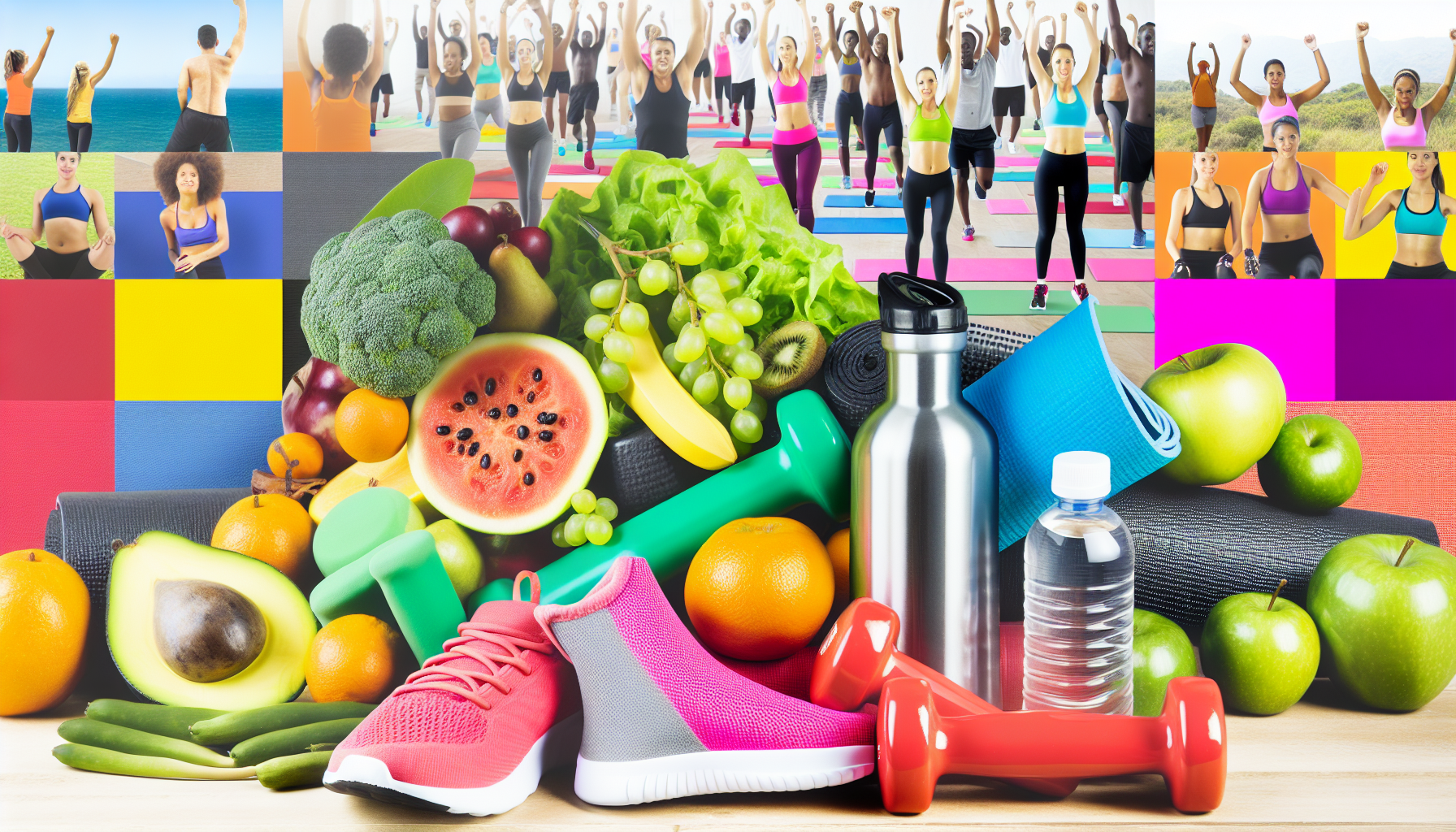 Ein Konzeptvisual, das Gesundheit und Fitness repräsentiert. Das Bild könnte Elemente wie verschiedene Arten von nahrhaften Früchten und Gemüse, Fitnessgeräte wie Hanteln, Yogamatten, Laufschuhe und Wasserflaschen enthalten, mit einem Hintergrund von Menschen unterschiedlicher Abstammung und Geschlechter, die an verschiedenen Fitnessaktivitäten wie Yoga, Laufen und Gewichtheben teilnehmen.