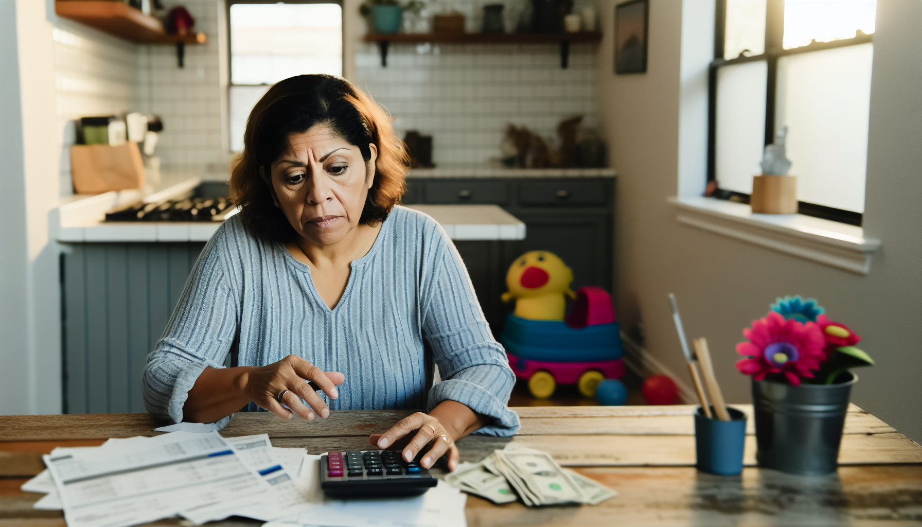 Eine mittelalte Latina-Mutter, die ihr Haushaltsbudget verwaltet, zeigt Anzeichen von Sorgen und Stress, während sie an ihrem hölzernen Küchentisch sitzt, der mit Rechnungen und Taschenrechnern übersät ist. Um sie herum liegen Kinderspielzeuge verstreut, was darauf hinweist, dass sie eine beschäftigte, hart arbeitende Mutter ist. Der Raum wird sanft von dem Umgebungslicht eines kleinen Fensters erleuchtet.