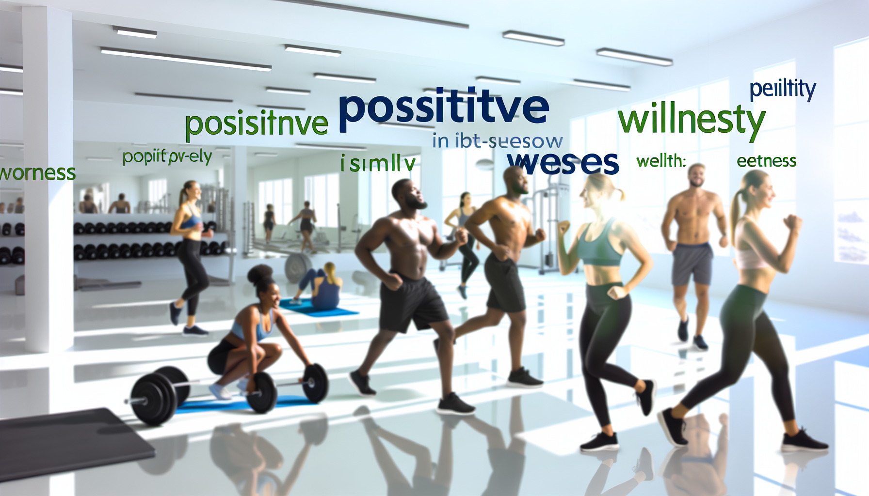 Ein Bild, das das Konzept von Gesundheit und Fitness veranschaulicht. Es könnte eine Gruppe von rassisch vielfältigen Personen unterschiedlichen Geschlechts zeigen, die eine Vielzahl von körperlichen Übungen wie Laufen, Gewichtheben, Schwimmen und Yoga in einem hellen, sauberen und gut ausgestatteten Fitnessstudio ausüben. Inspirierende Botschaften zu Themen wie Positivität, Wellness und Selbstfürsorge könnten subtil in den Hintergrund integriert werden.