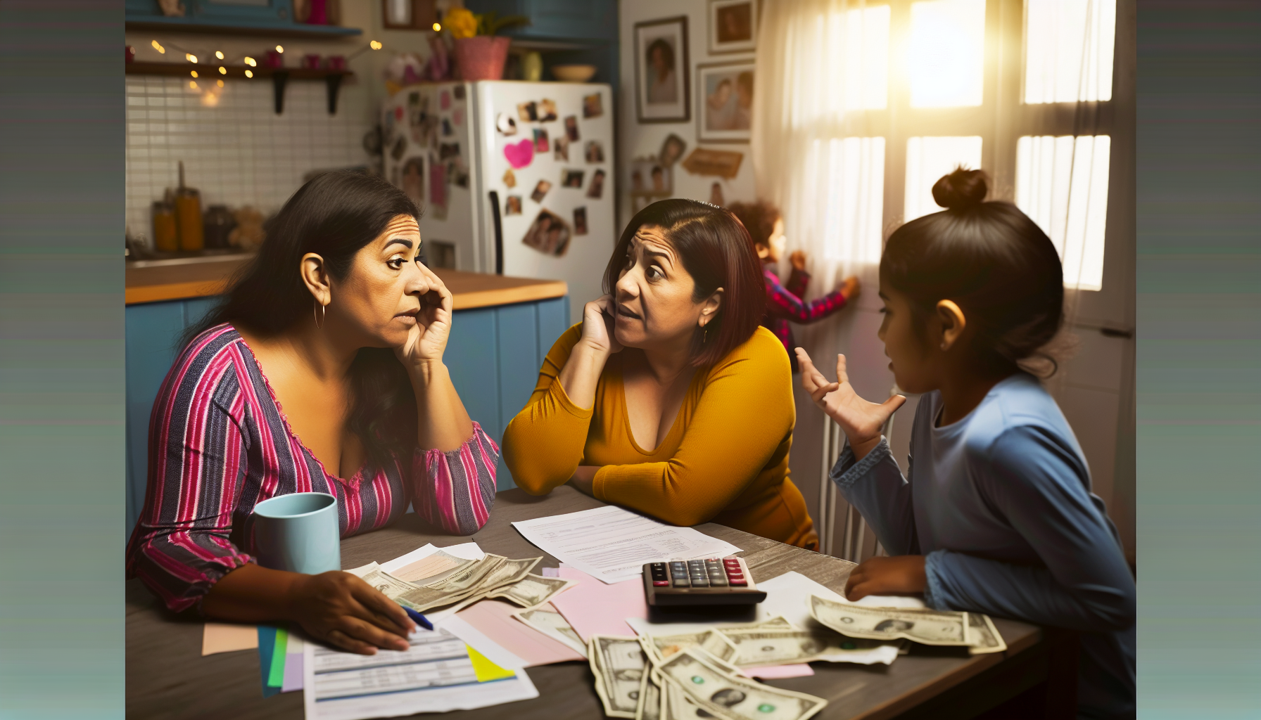 Ein Bild, das Mütter und finanzielle Sorgen illustriert. Zwei Frauen unterschiedlicher Herkunft, eine hispanische und die andere südasiatische, sitzen an einem Küchentisch, der mit Rechnungen und einem Taschenrechner bedeckt ist. Sie führen ein tiefes Gespräch, ihre Gesichter sind von Sorgen gezeichnet. Um sie herum spielen ihre Kinder, ahnungslos gegenüber der angespannten Situation. Der Raum ist mit warmen, heimeligen Elementen wie Familienfotos und Kinderzeichnungen, die am Kühlschrank befestigt sind, gefüllt. Das Licht, das durch das Fenster strömt, deutet auf die Morgenzeit hin und symbolisiert den Beginn eines neuen Tages und die Hoffnung auf eine Lösung.