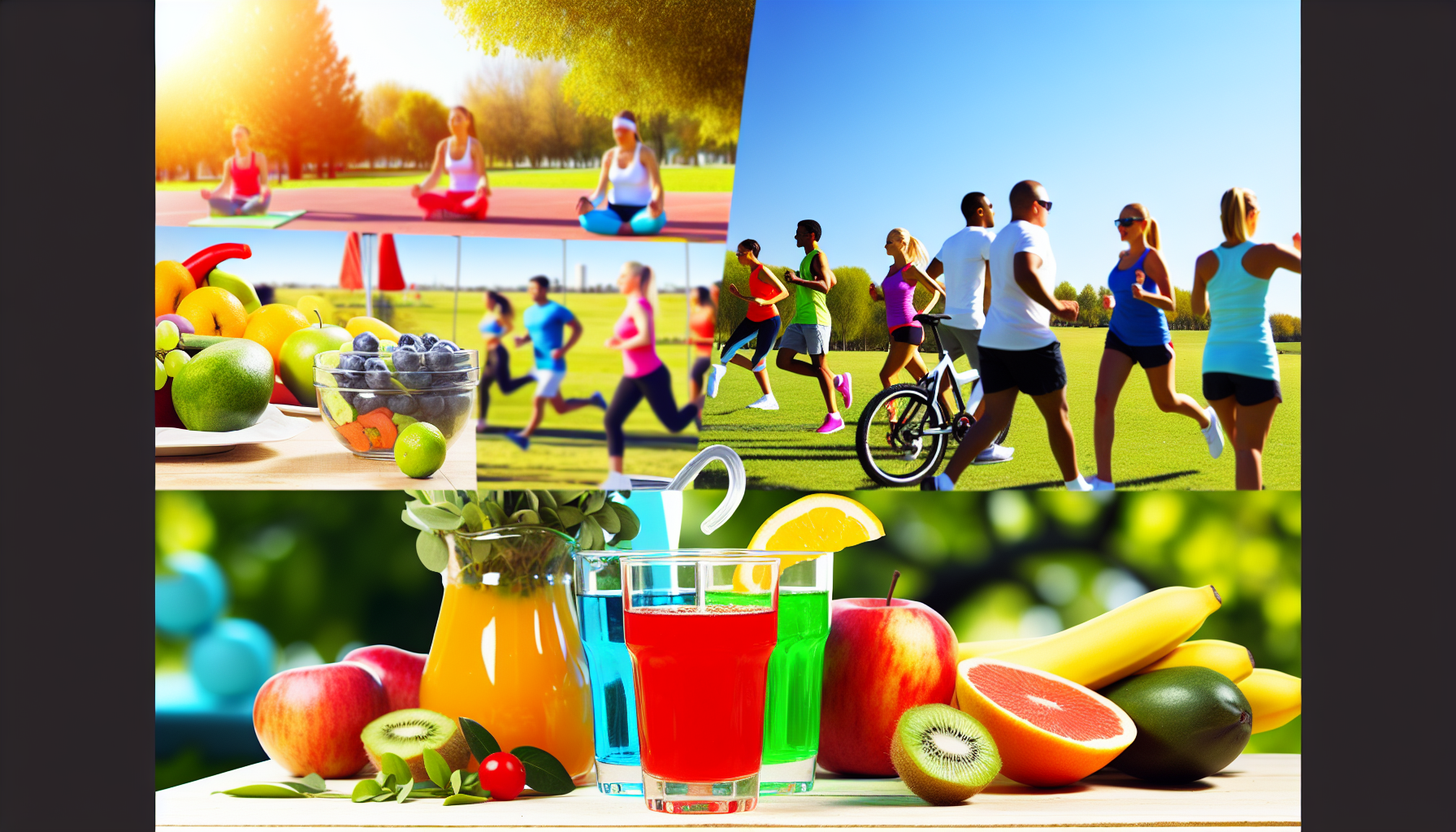Eine lebendige und dynamische Illustration, die Gesundheit und Fitness symbolisiert. Stellen Sie sich einen Vorstadtpark an einem sonnigen Tag vor, der mit Menschen verschiedener Herkunft und Geschlechter gefÃ¼llt ist, die an verschiedenen kÃ¶rperlichen AktivitÃ¤ten teilnehmen, wie Joggen, Yoga, Teamsport und Radfahren. Eine Nahaufnahme von frischen FrÃ¼chten, GemÃ¼se und GlÃ¤sern mit erfrischenden GetrÃ¤nken wie Wasser und frisch gepresstem Saft ist auf einem Picknicktisch angerichtet.