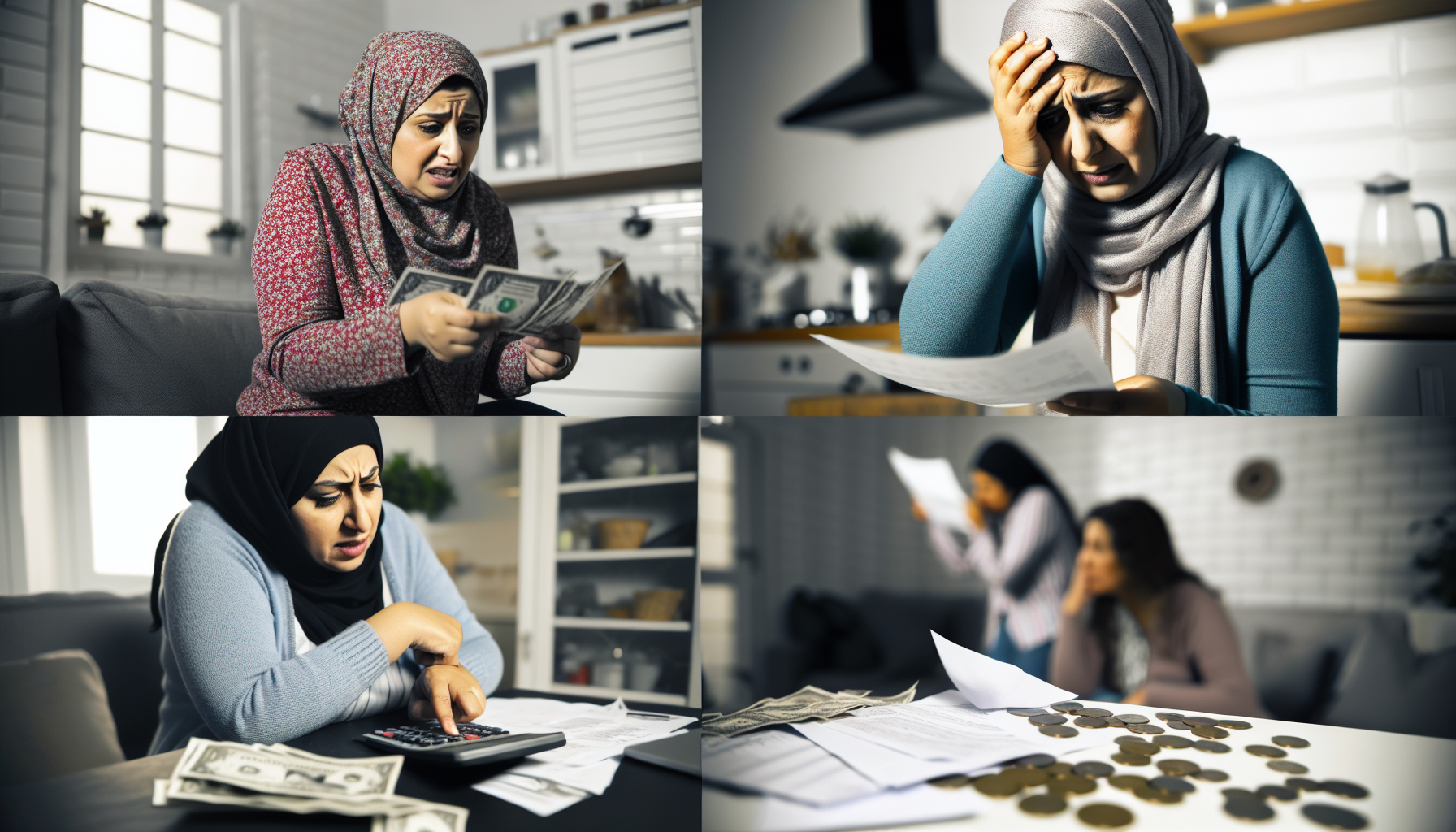 Ein Bild, das Mütter mit finanziellen Sorgen zeigt und ihre besorgten und gestressten Gesichtsausdrücke einfängt. Die Szene spielt sich in einem häuslichen Umfeld ab, vielleicht in einer Küche oder einem Wohnzimmer, wo die Mütter durch Stapel von Rechnungen und finanziellen Dokumenten blättern. Details wie ein Taschenrechner, verstreute Münzen und Papiergeld heben das Thema hervor. Die Mütter - eine aus dem Nahen Osten und eine hispanische, beide unterschiedlichen Alters - zeigen eine Palette von Emotionen von Verzweiflung bis Entschlossenheit, die die Schwere ihrer Situation unterstreicht.