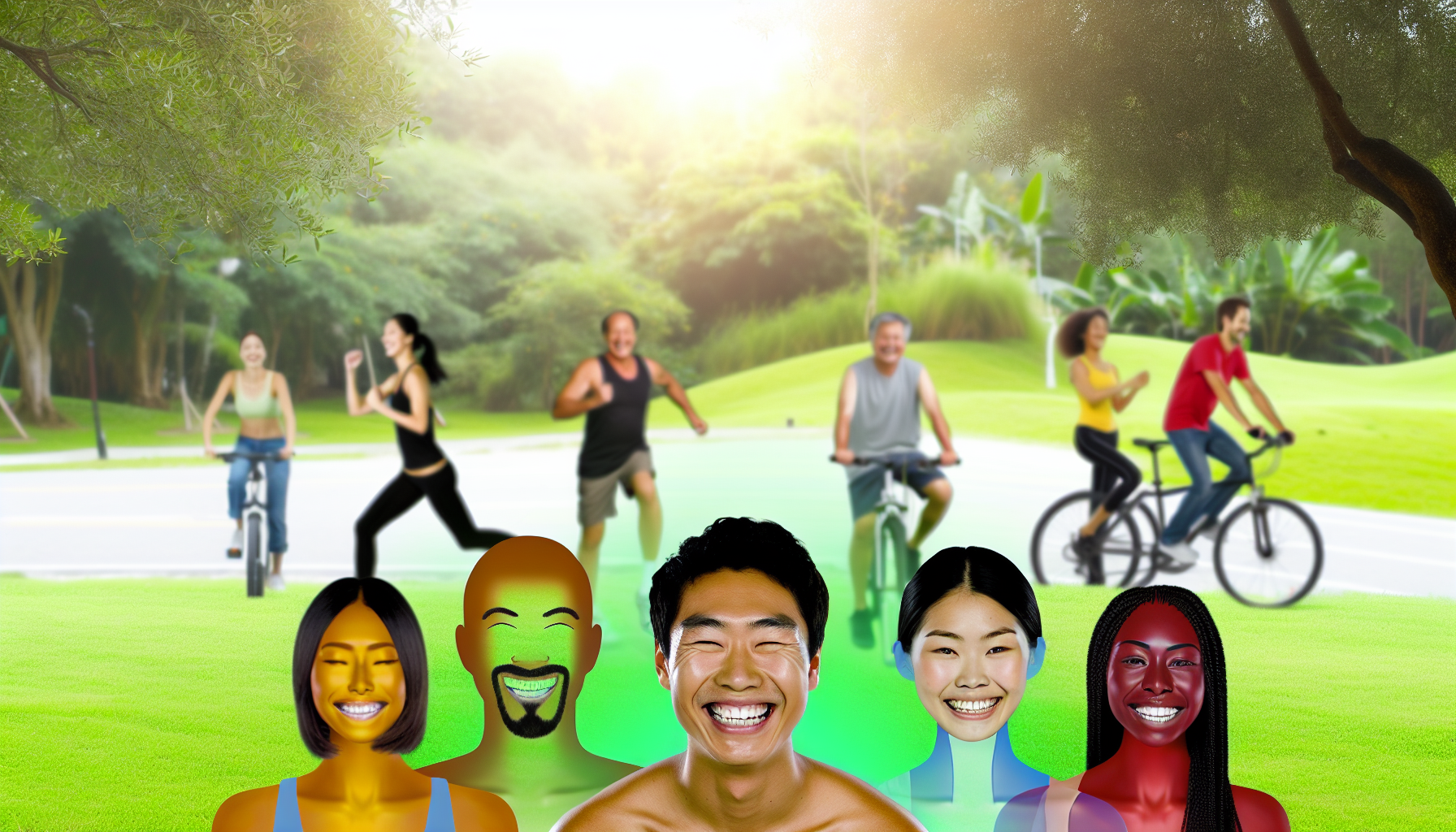 Eine visuelle Darstellung des Konzepts von Gesundheit und Fitness. Vielleicht eine Illustration von verschiedenen Personen unterschiedlicher Herkunft und Geschlechter, die an verschiedenen körperlichen Aktivitäten wie Joggen, Yoga, Radfahren und Sportspielen in einem Park mit üppigem Grün teilnehmen. Darüber hinaus könnten diese Personen strahlende Gesichter zeigen, die vor Energie und Ausdauer leuchten, um ihre Gesundheit zu symbolisieren.