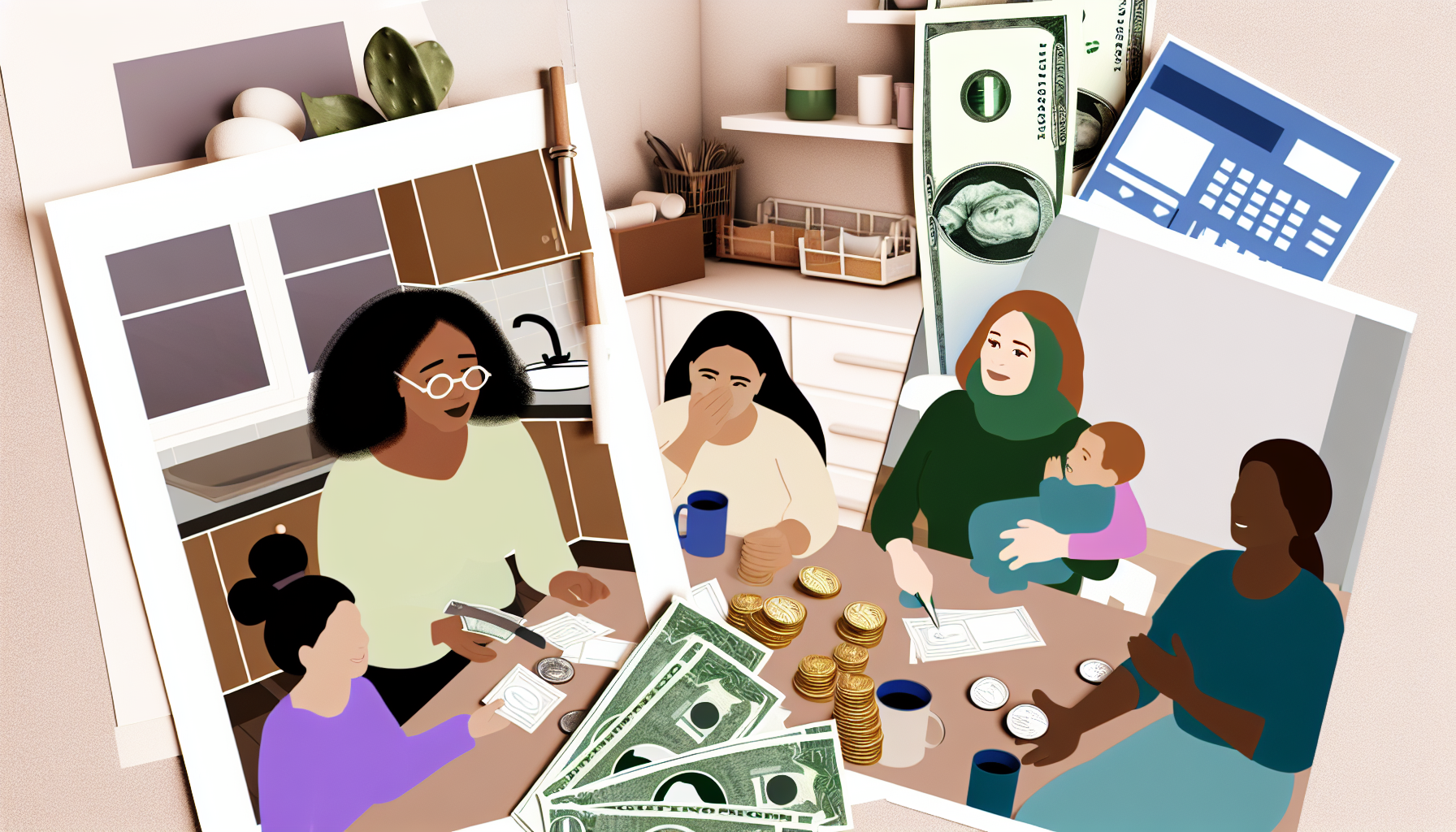 Ein Bild, das Mütter zeigt, die mit finanziellen Sorgen umgehen. Sie sind um einen Tisch versammelt, auf dem Rechnungen und Münzen ausgebreitet sind, und beschäftigen sich mit dem Budgetieren. Die Frauen sollten verschiedene ethnische Hintergründe repräsentieren, darunter kaukasisch, hispanisch, schwarz und aus dem Nahen Osten. Die Szene sollte mit Hoffnung und Widerstandsfähigkeit durchzogen sein und den universellen Kampf und die Stärke der Mutterschaft zeigen.