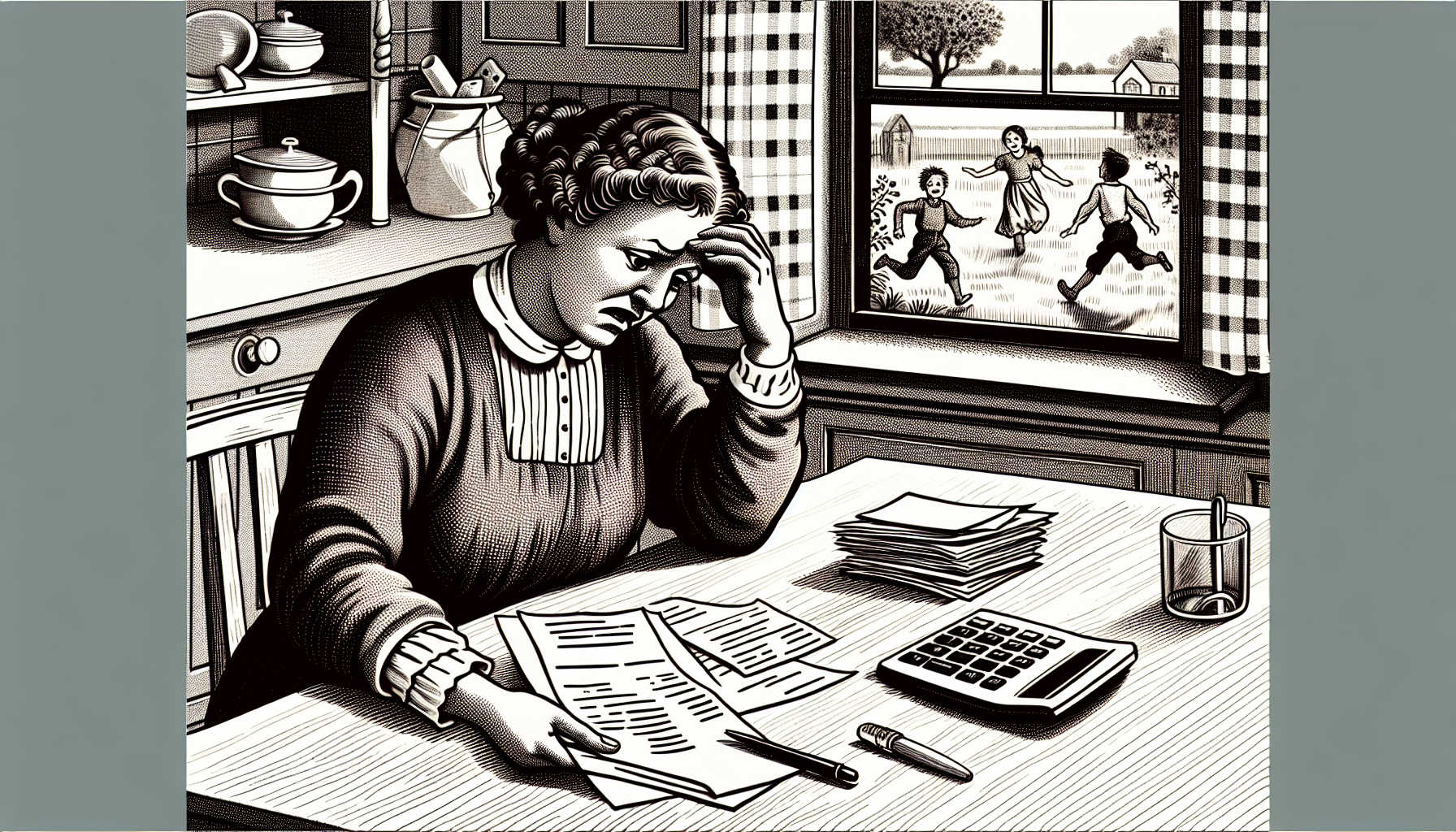 Eine Illustration, die eine Mutter zeigt, die mit finanziellen Sorgen kämpft. Sie ist hispanischer Abstammung und sitzt an einem Küchentisch, schaut mit Besorgnis auf einen Stapel unbezahlter Rechnungen. Auf dem Tisch liegen ein Taschenrechner, ein Stift und ein Notizblock. Im Hintergrund sind durch ein Fenster Kinder zu sehen, die spielerisch in einem Garten herumrennen, ohne sich der Sorgen ihrer Mutter bewusst zu sein. Das Bild ist im Stil einer mid-19. Jahrhundert-Grabung mit feinen Linien und Kreuzschraffuren gestaltet.