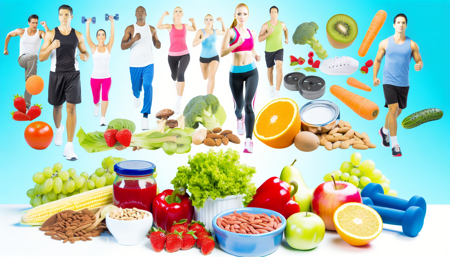Ein Bild, das Gesundheit und Fitness repräsentiert. Dies kann verschiedene Fitnessaktivitäten, gesunde Lebensmittel oder allgemein mit Wellness assoziierte Symbole umfassen. Das Bild könnte sowohl Männer als auch Frauen unterschiedlicher Abstammung zeigen, die gemeinsam an verschiedenen Fitnessaktivitäten teilnehmen, wie Joggen, Yoga oder Gewichtheben. Elemente gesunder Lebensmittel wie frisches Obst, Gemüse, mageres Fleisch und Vollkornprodukte könnten ebenfalls in die Szene integriert werden. Insgesamt sollte das Bild ein Gefühl von Positivität, Vitalität und Wohlbefinden vermitteln.