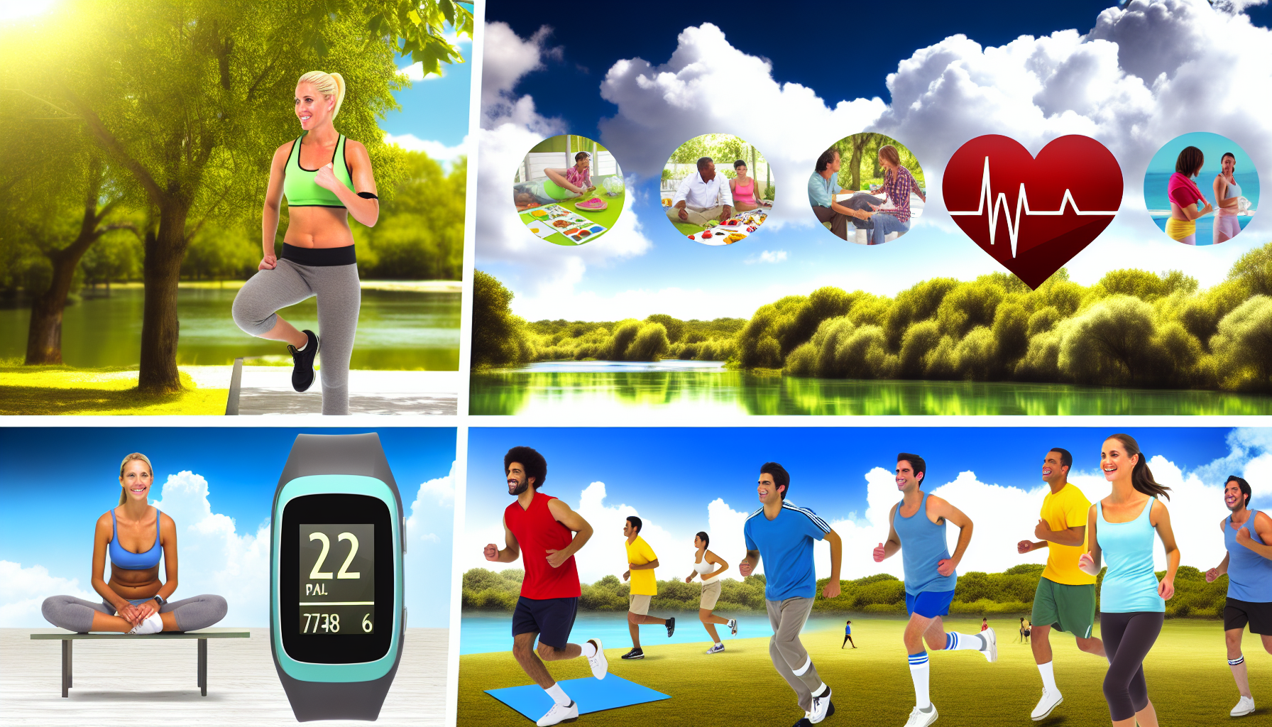 Ein Konzept von Gesundheit und Fitness. Stellen Sie sich eine Szene in einem Outdoor-Park vor, in dem Menschen unterschiedlicher Geschlechter und Abstammungen, wie Kaukasier, Hispanics und Menschen aus dem Nahen Osten, verschiedene körperliche Aktivitäten genießen. Dazu gehört eine Frau, die joggt, ein Mann, der Yoga macht, und eine Gruppe, die Fußball spielt. Die Natur zeigt sich von ihrer besten Seite mit Bäumen und einem glitzernden Fluss, unter einem blauen Himmel mit flauschigen weißen Wolken. Fügen Sie auch einen Fitness-Tracker hinzu, der Herzfrequenz und zurückgelegte Distanz im finalen Bild anzeigt.