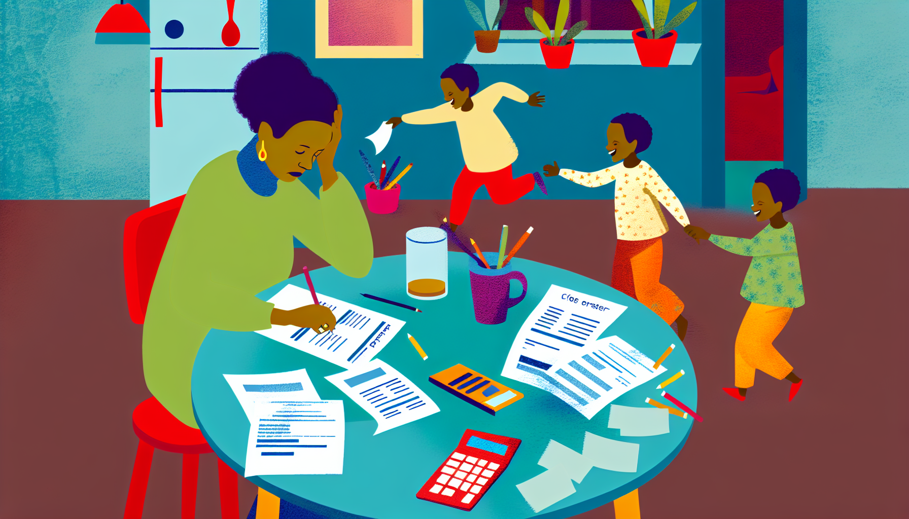 Eine Szene, die eine Mutter zeigt, die mit ihren finanziellen Sorgen kämpft. Sie sitzt an einem Küchentisch, umgeben von zahlreichen Rechnungen und einem Taschenrechner, während sie versucht, über die Runden zu kommen. Ihre Kinder spielen in der Nähe mit ihren Spielsachen, ahnungslos gegenüber dem Stress ihrer Mutter. Diese Mutter kann jeder Herkunft oder Ethnie angehören und verdeutlicht den universellen Kampf, dem viele Familien gegenüberstehen.