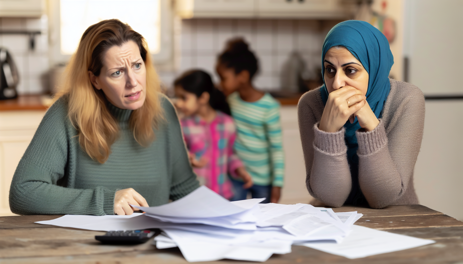 Ein Bild von zwei Müttern unterschiedlicher Herkunft, eine kaukasische und eine aus dem Nahen Osten, die an einem Küchentisch sitzen. Sie haben besorgte Gesichtsausdrücke, während sie auf einen Stapel Rechnungen und Unterlagen auf dem Tisch schauen. Ihre Kinder spielen im Hintergrund und sind sich der Sorgen der Erwachsenen nicht bewusst.